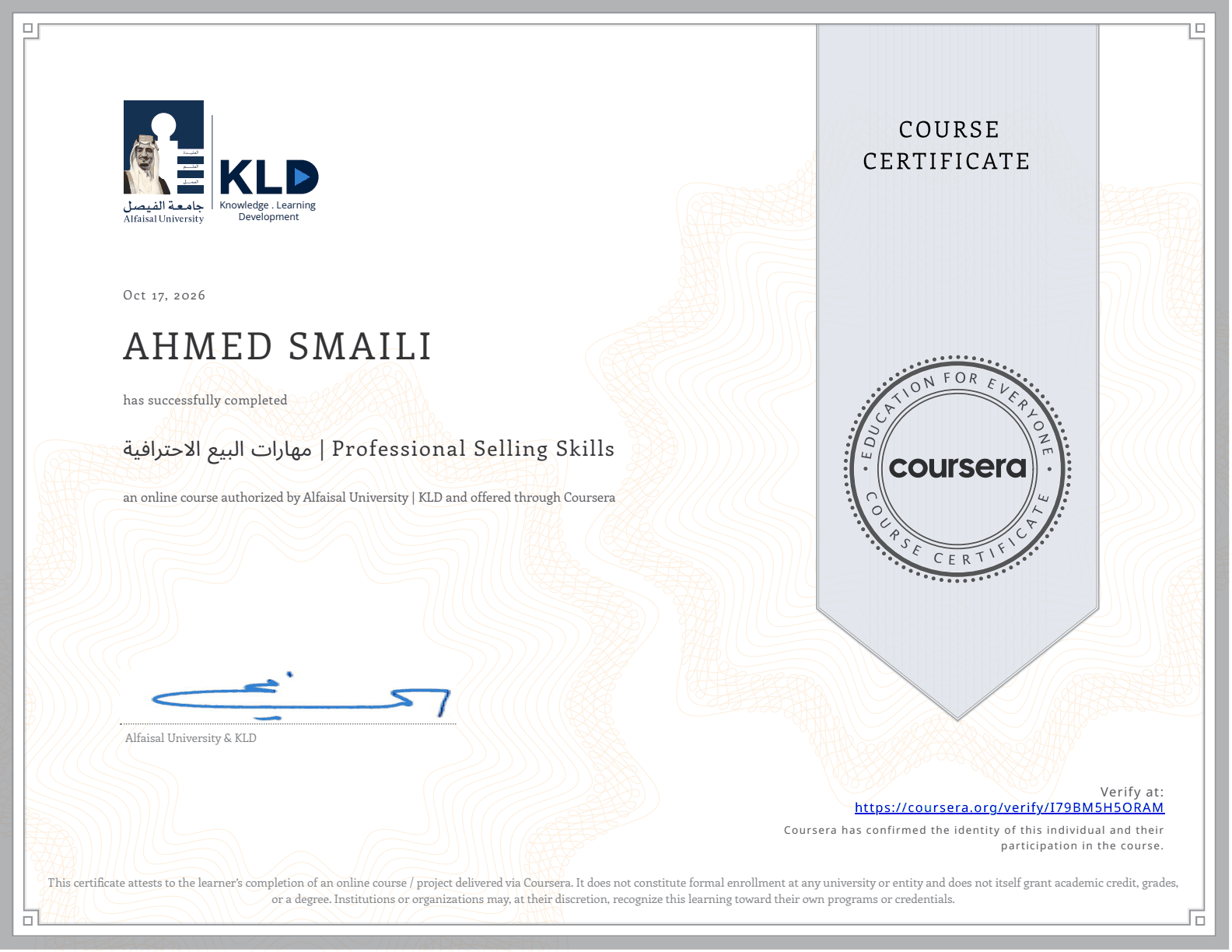 Professional Selling Skills Certificate - Alfaisal University & KLD