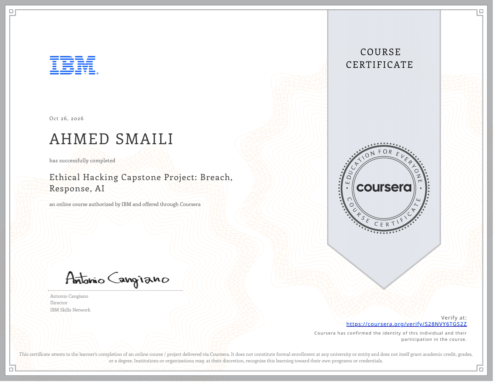 Ethical Hacking Capstone Project Certificate - IBM