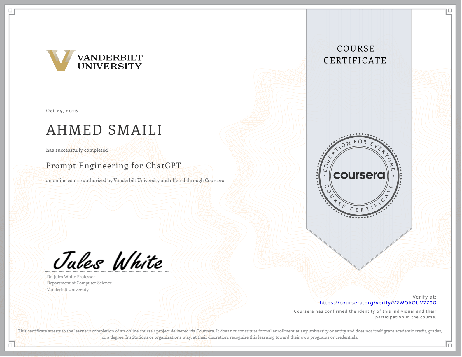 Prompt Engineering for ChatGPT Certificate - Vanderbilt University